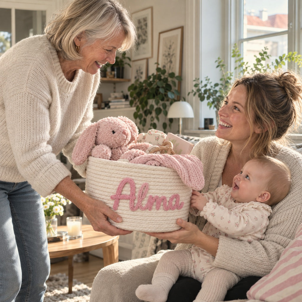 Mormor ger en korg med namnet Alma till sin dotter och barnbarnet