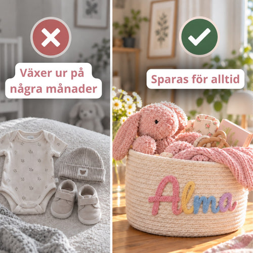 Kläder växer barnen ur på några månader – korgen med namnet Alma sparas för alltid