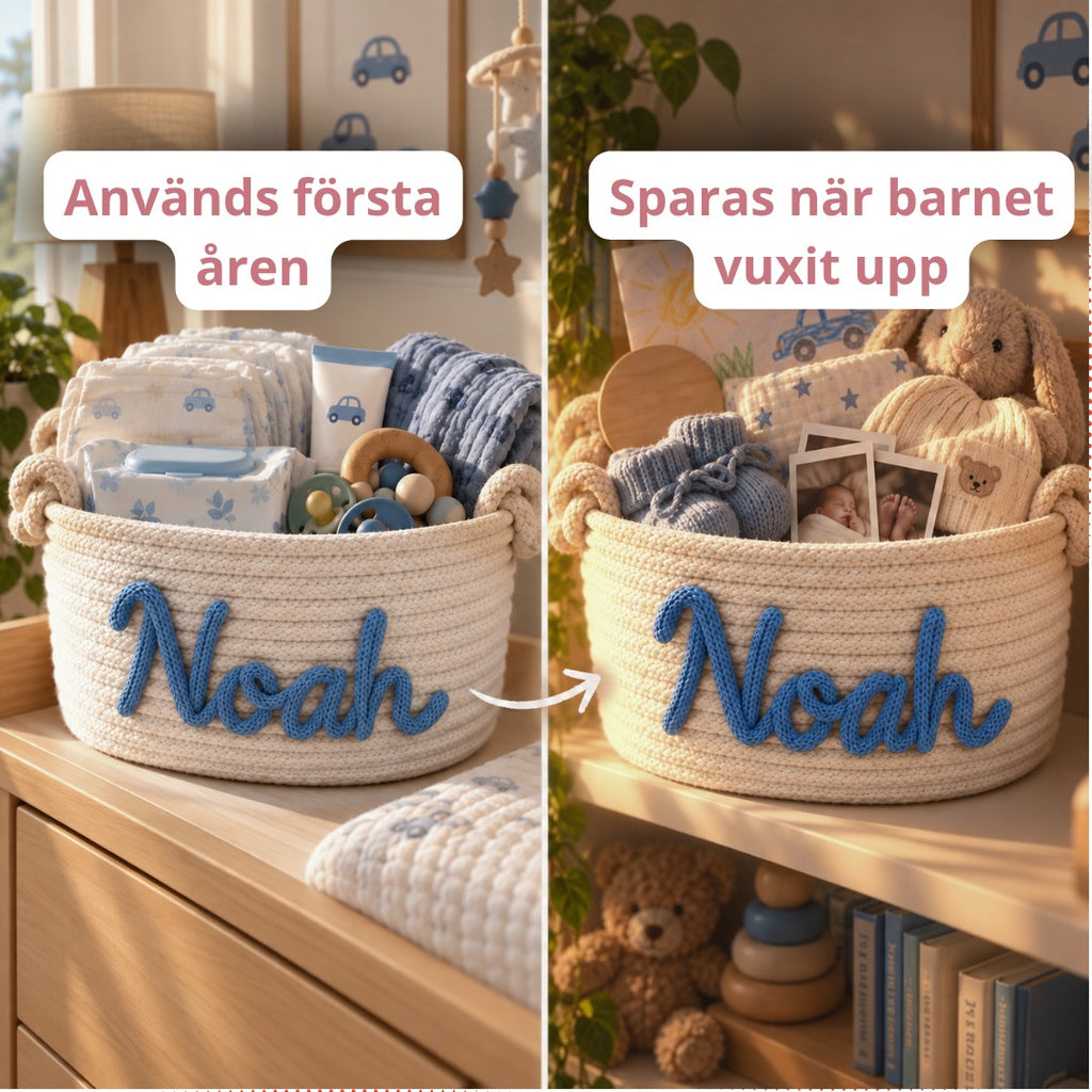 Samma korg med namnet Noah: används första åren på skötbordet, sparas med minnen när barnet vuxit upp