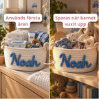 Samma korg med namnet Noah: används första åren på skötbordet, sparas med minnen när barnet vuxit upp