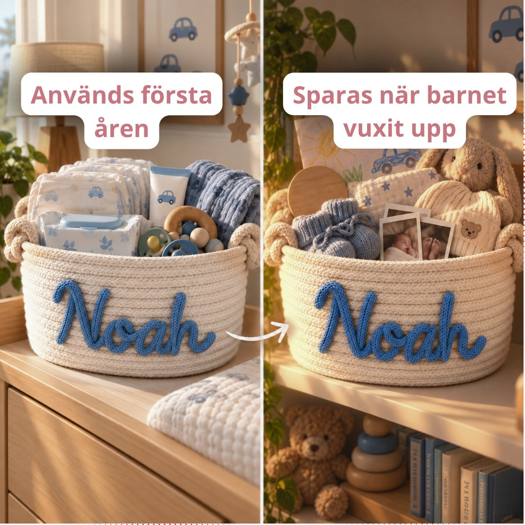 Samma korg med namnet Noah: används första åren på skötbordet, sparas med minnen när barnet vuxit upp