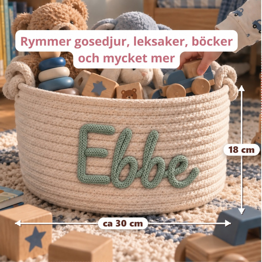 Korgen rymmer gosedjur, leksaker och böcker – ca 30 cm bred och 18 cm hög